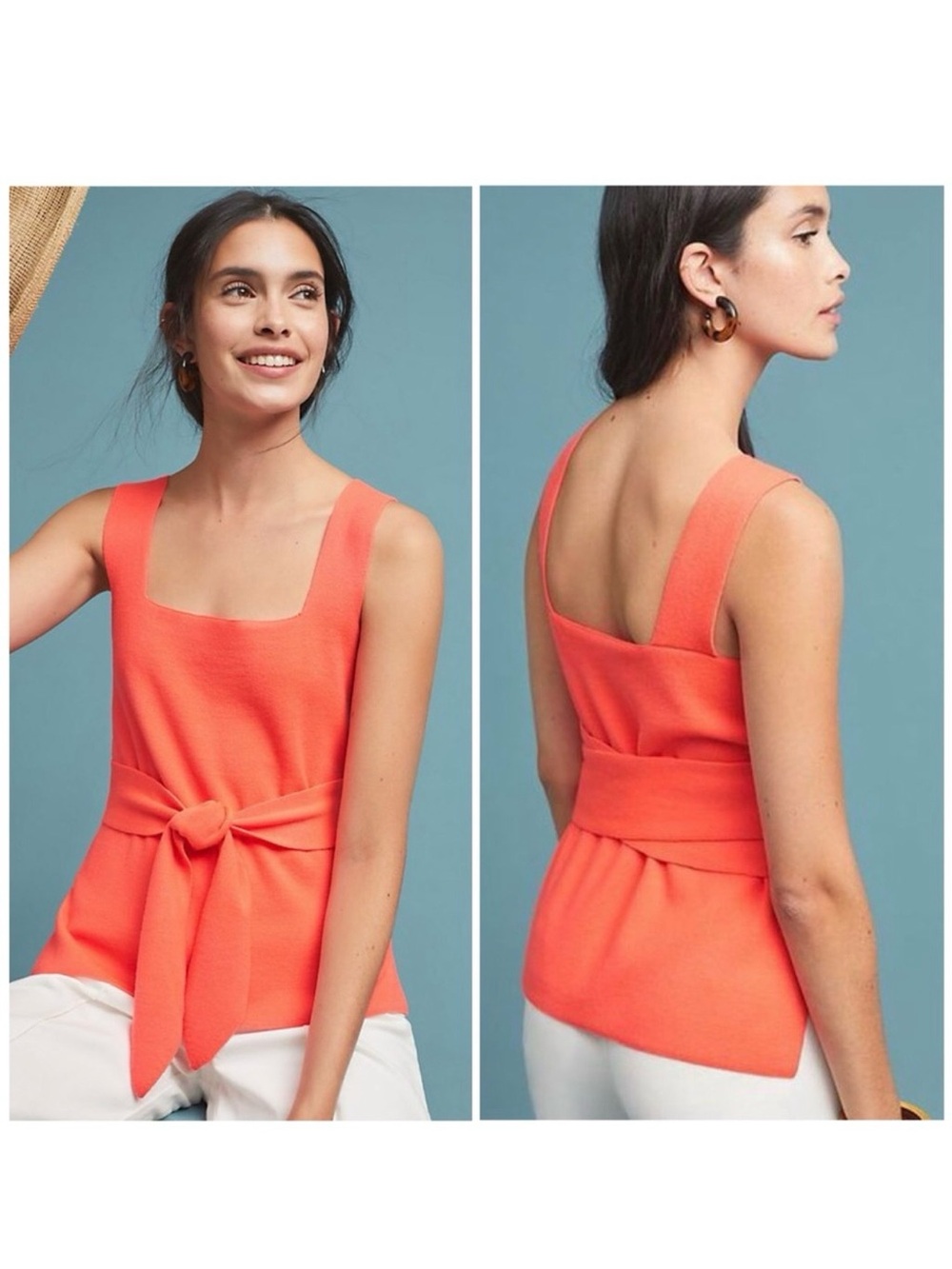 Anthropologie Women’s M Harloe Neon Bright Orange Tie Belted Knit Sleeveless Top